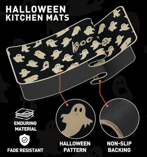 Halloween Kitchen Mat Set of 2 - Ghost & BOO Design, Black Variation