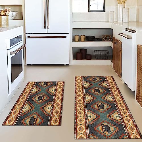 Farmhouse Rustic Bear Kitchen Rugs Set of 2 Non-Slip Washable Floor Mats