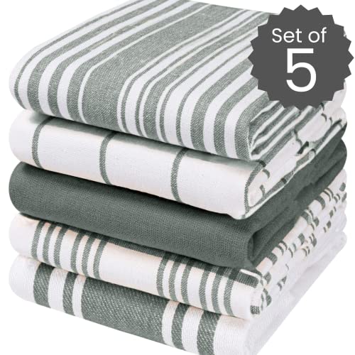 Cotton Clinic Assorted Kitchen Towels 5 Pack Grey White - Soft Absorbent & Quick Drying