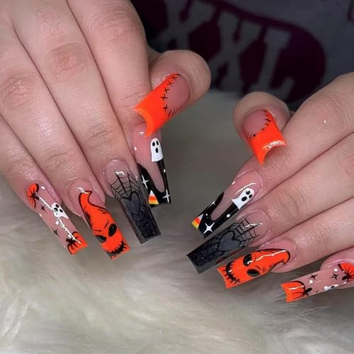 Gothic Ghost Press On Nails Long Coffin Fake Nails Halloween Manicure Set - Variation Gothic Ghost-13