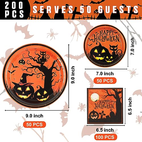 Black Pumpkin Halloween Paper Plates & Napkins Set - Serves 50, Bat & Cat Design
