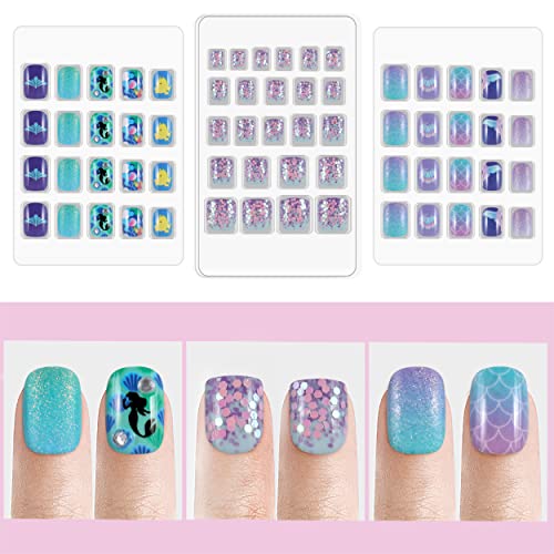 Children Press On Nails Set - Full Cover, 64pcs, Blue Purple Mermaid Variation