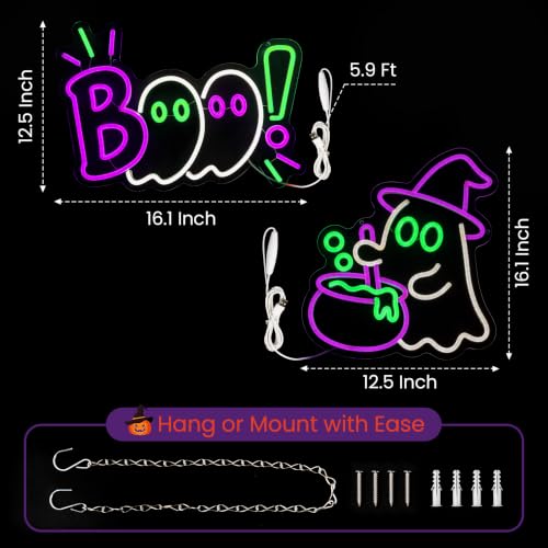 Halloween Neon Sign 2 Pack - Ghost & BOO LED Neon Light Set - Festive Decor