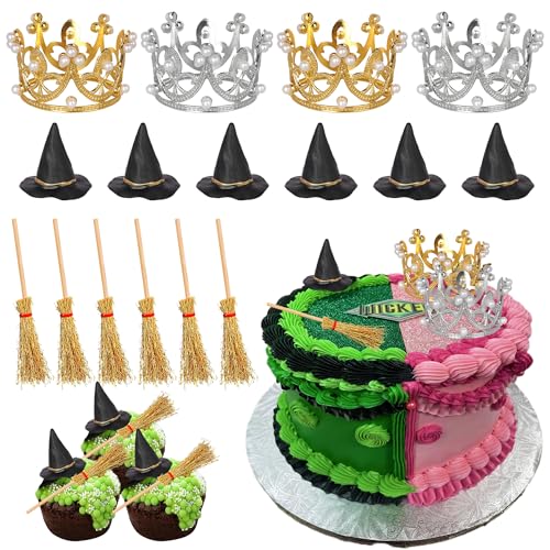 Halloween Witch Hat Cake Topper Set with Broom and Crown - 16 Pack for Parties & Celebrations - Variation 1