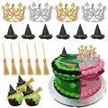 Halloween Witch Hat Cake Topper Set with Broom and Crown - 16 Pack for Parties & Celebrations - Variation 1