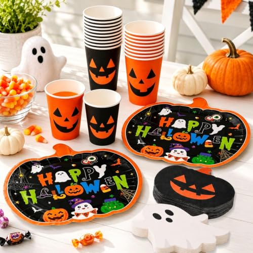 Halloween Party Supplies Set - Pumpkin Plates Cups Napkins for Costumes & Celebrations