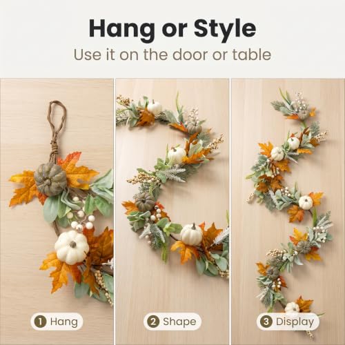 Fall Garland with Pumpkins Berries Leaves for Autumn & Thanksgiving Decor - 6ft
