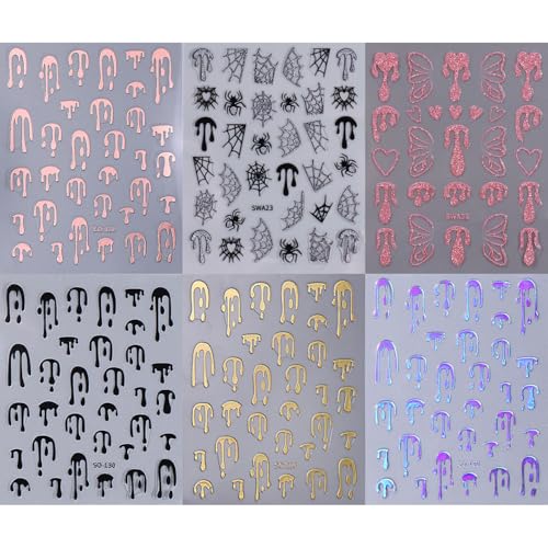 Halloween Nail Stickers 6 Sheets Blood Spider Web Butterfly Self-Adhesive Decals - Black Gold Pink Variation2