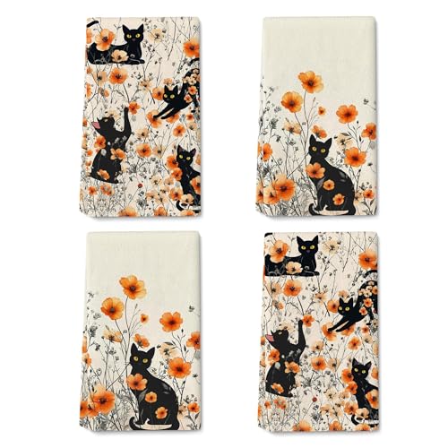 Black Cat Kitchen Towels Set of 4 - 16x24 Orange Floral Hand & Tea Towels