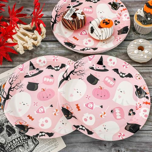 Pink Halloween Paper Plates 50 Pack - 9 Inch Disposable Ghost Party Tableware
