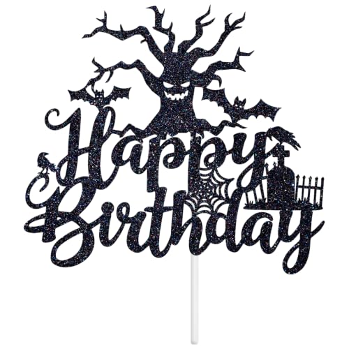 Halloween Happy Birthday Cake Topper - Spooky Zombie & Bat Decor - Black Glitter, 5.9 inches