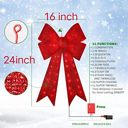 24 Inch 40LED Glitter Red Christmas Wreath Bow with Lights - Indoor Outdoor Holiday Decor
