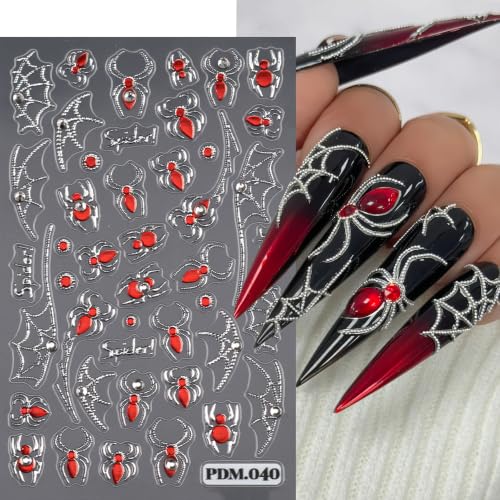 Halloween Nail Stickers 4 Pack 5D Self-Adhesive Spider Web Decals with Rhinestones Style11
