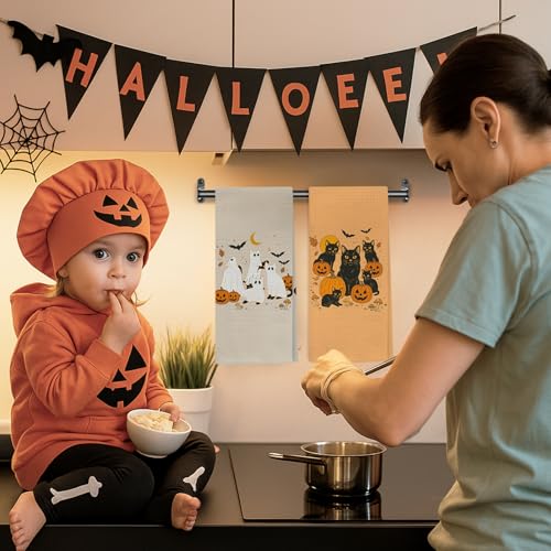 Halloween Black Cat Kitchen Towels - Fall Decor Hand Towels Set of 2