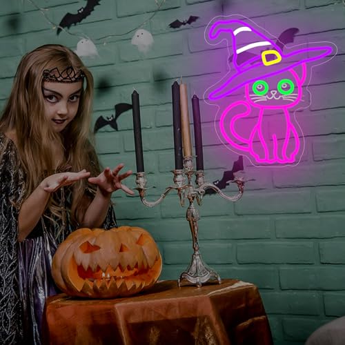 Halloween Cat Neon Sign Dimmable Multi-Color LED Halloween Decoration with Variation - White, Purple, Yellow, Green, Pink