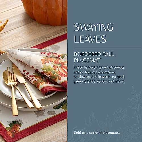 Autumn Leaf Bordered Fall Placemats Set of 4 - 13x19 Inches, Polyester Table Decor