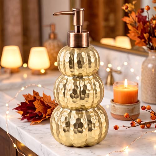 Gold Pumpkin Soap Dispenser - Fall Ceramic Bathroom Decor, Refillable 8.27in