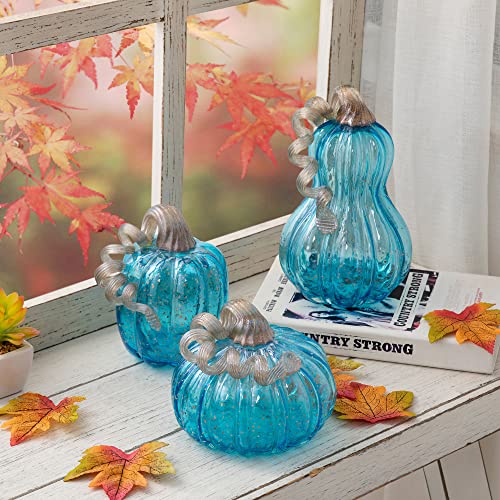 Blue Hand Blown Glass Pumpkin Figurine - 6.1 Inches Fall Decor