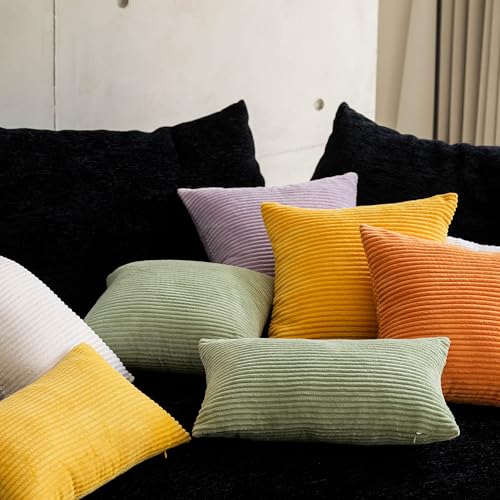 Set of 2 Orange 26x26 Inch Corduroy Throw Pillow Covers - Soft Striped Euro Shams for Sofa Couch Chair Decor