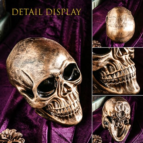 Halloween Skull Statues Set of 2 - Resin Skeleton Heads for Indoor Decor, Gold & White, 7.7 Inch