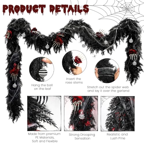 Black 9FT Prelit Halloween Garland with Lights, Skeleton Hand Roses & Web - Variation of THIS listing