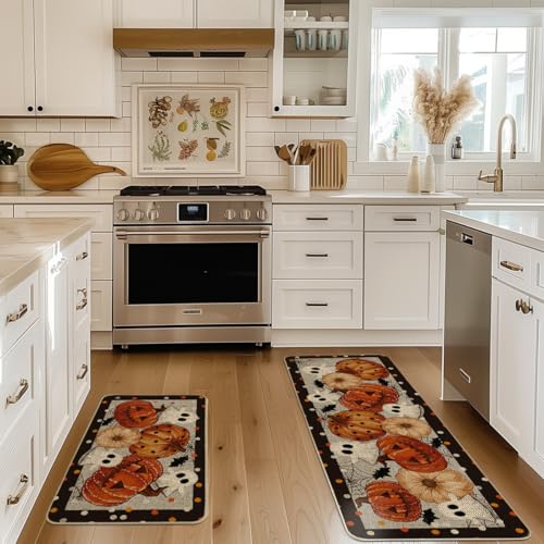 Halloween Kitchen Mats Set of 2 - Black Ghost Design, 17x29 & 17x47 Inches