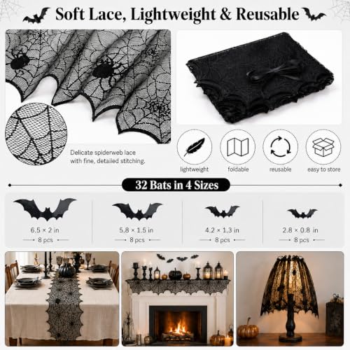 Halloween Tablecloth and Decor Set with Spider Web Lace Runner Bat Wall Stickers