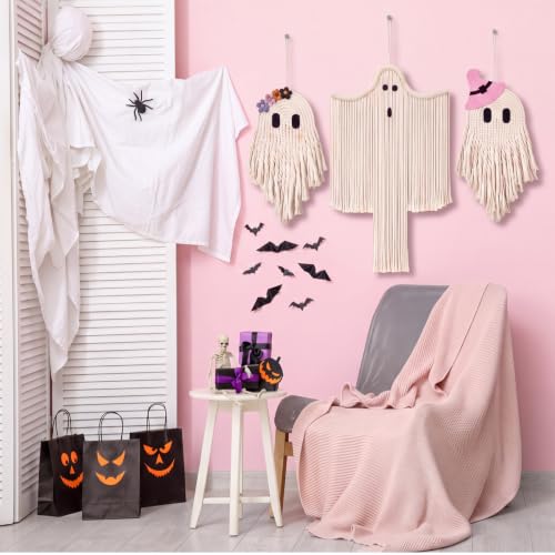 3 Pcs Halloween Ghost and Bat Wall Decor Set - Boho Spooky Indoor Outdoor