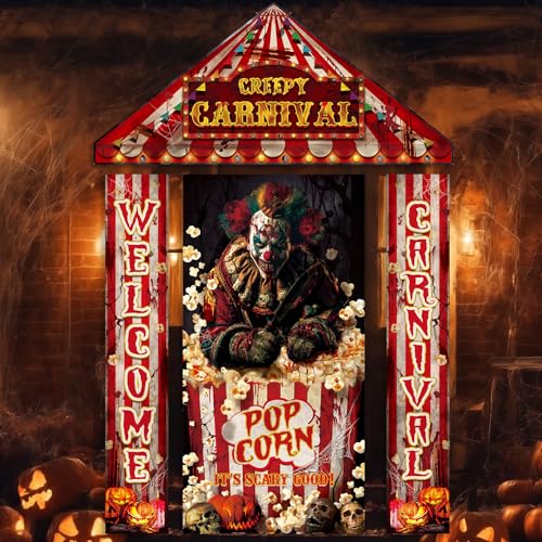 Halloween Circus Carnival Door Decorations Set - Evil Clown, Banner & Awning