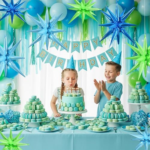 Blue Green Explosion Star Foil Balloons - 8 Pcs Party Decoration