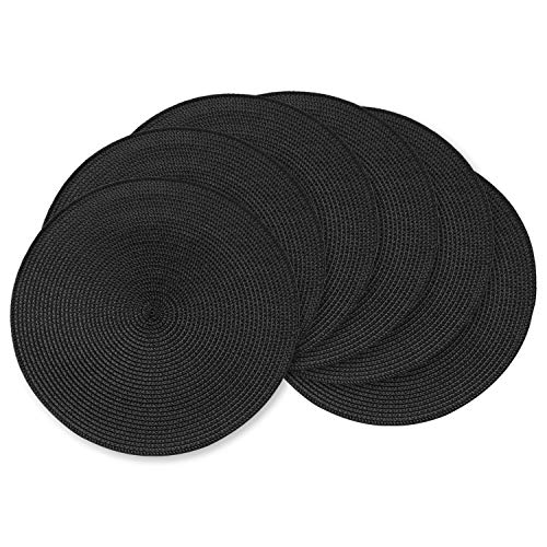 Round Placemats Set of 6 - Black Heat Resistant Washable Woven Table Mats