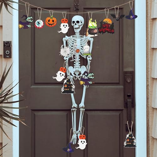 Halloween Wooden Hanging Ornaments Set - Skeleton, Pumpkin, Witch, Black Cat, 24 Pcs