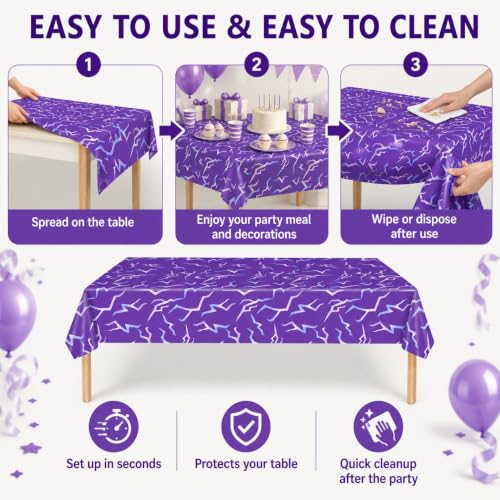 Purple Demon Lightning Theme Disposable Tablecloths - 3 Pack, 54x108 Inches, Party Decor