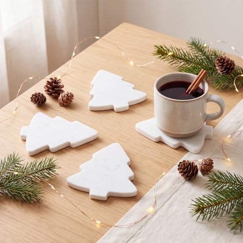 4pcs White Marble Christmas Tree Coasters - Holiday Drink Protectors with Silicone Feet - 4.7x3.9 Inches - Variation: White 2