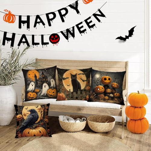 Halloween Pillow Covers 20x20 Set of 4 Ghost Pumpkin Spider Web Decor - Black Cat & Crow Design - Variation 28