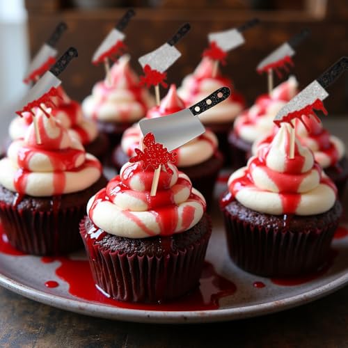 Halloween Cupcake Toppers with Bloodstained Knife Design - 24 Pcs Party Decorations