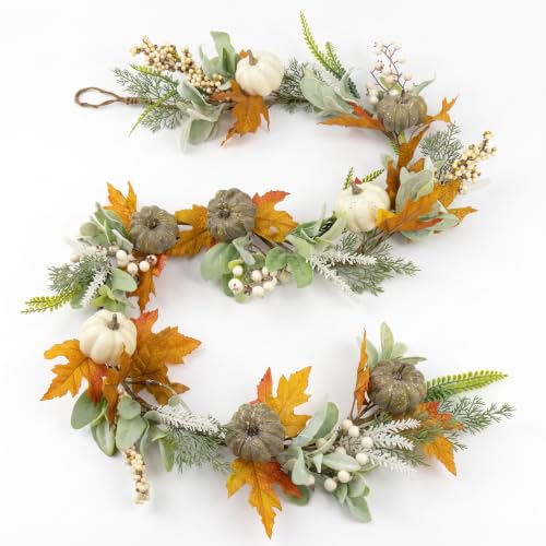 Fall Garland with Pumpkins Berries Leaves for Autumn & Thanksgiving Decor - 6ft