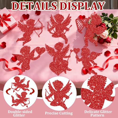 Red Valentine Cupid Paper Cutouts - Glitter Giant Bulletin Board Decorations, 12 Pcs
