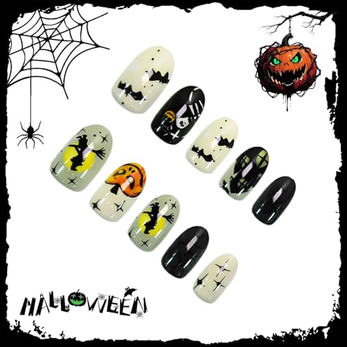Halloween Press On Nails Witch Pumpkin Skull Oval Fake Nails - White Ash Orange, 24 Pcs