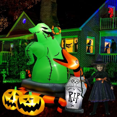 6Ft Halloween Inflatable Outdoor Decoration with Green Monster, Pumpkins, Tombstone & LED Lights