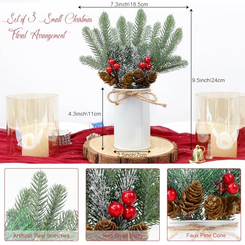 Christmas Table Centerpiece Set of 3 - Artificial Pine Berries & Cones, Farmhouse Winter Decor - Green