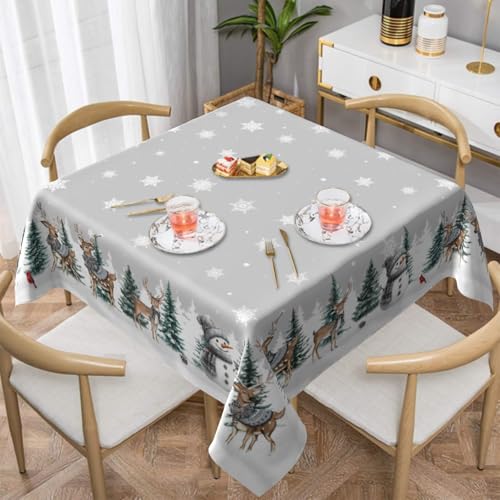 Reindeer Snowman Grey Square Tablecloth 54x54 Inch Water-Resistant Washable Winter Decor