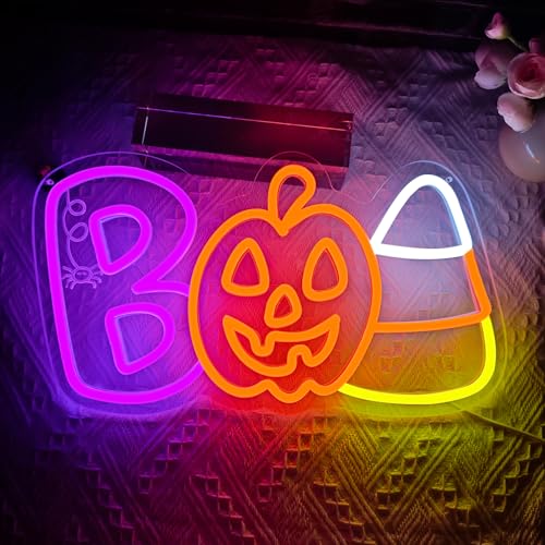 Halloween Neon Sign for Wall Decor BOO Pumpkin Candy Corn LED Sign - Purple, Green, Orange