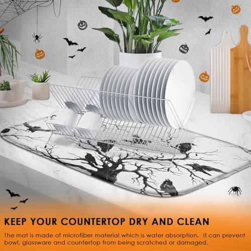 Sanwarm Absorbent Dish Drying Mat for Kitchen - Halloween Black Crow 16x18 Inches
