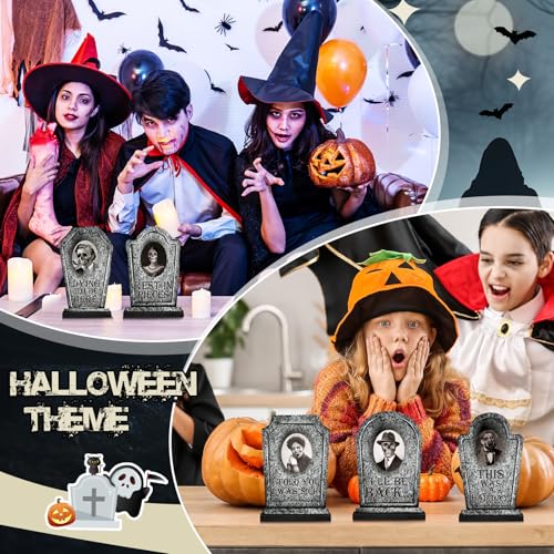 Halloween Tombstone Centerpieces with 3D Face Frames - Marble Finish, Set of 6