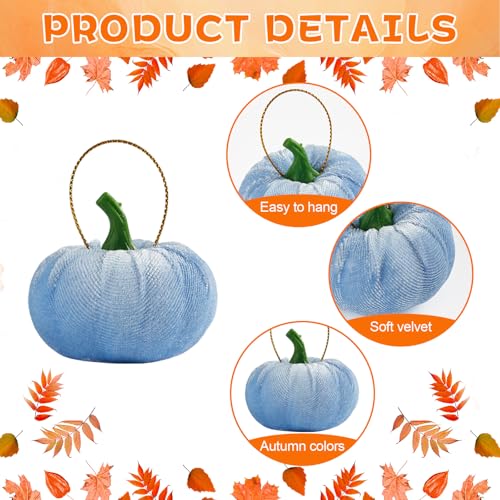 Blue Velvet Fall Pumpkin Hanging Ornaments - 16 Pcs Thanksgiving Decor