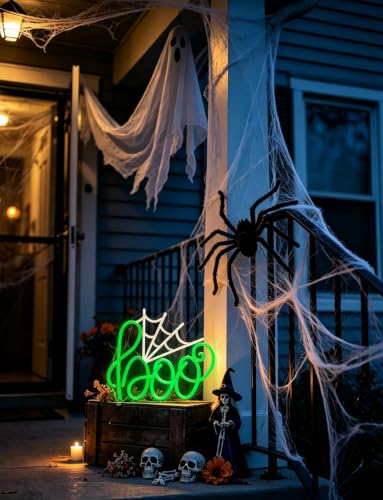 Halloween White Boo Spider Web Neon Sign - Dimmable Party Decor - Variation of Boo Spider Web