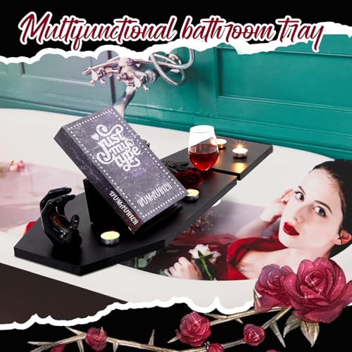 Halloween Coffin Bathtub Tray with Tablet and Wine Holder - Black Wooden Bath Caddy