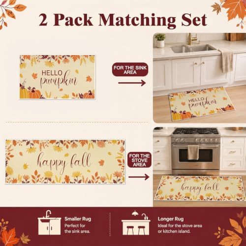 WERNNSAI Fall Kitchen Rugs Set of 2 - Brown Non-Slip Pumpkin Mat for Floor