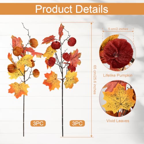 Fall Artificial Maple Leaves and Pumpkin Stem Set - 6 Pieces for Decor